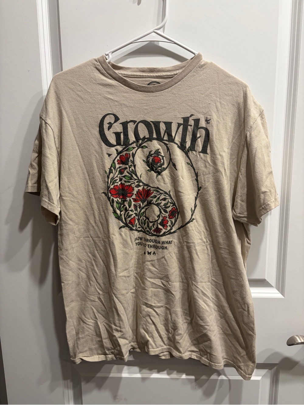 DOM Humor Growth Floral Yin Yang T Shirt Mens Large Beige Graphic Streetwear